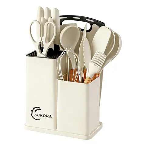 19pcskitchen utensil set-wooden cooking tools,silicone spatula cutting board,chef's knifebread knife,serrated steak knife, scissors storage knife holder, integrated knife storage set that can be cleaned in a dishwasher, wedding, birthday, &Christmas gifts