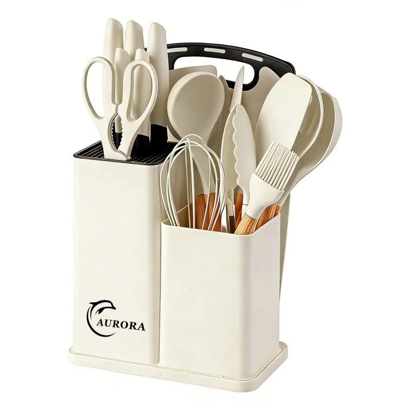 19pcskitchen utensil set-wooden cooking tools,silicone spatula cutting board,chef's knifebread knife,serrated steak knife, scissors storage knife holder, integrated knife storage set that can be cleaned in a dishwasher, wedding, birthday, &Christmas gifts