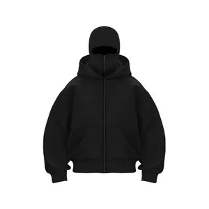 Amoyer Balaclava Hoodie With Built-In Zip - Black Polyester Long Sleeve Men's Athletic Sweatshirt for Autumn Winter Sports & Casual Wear