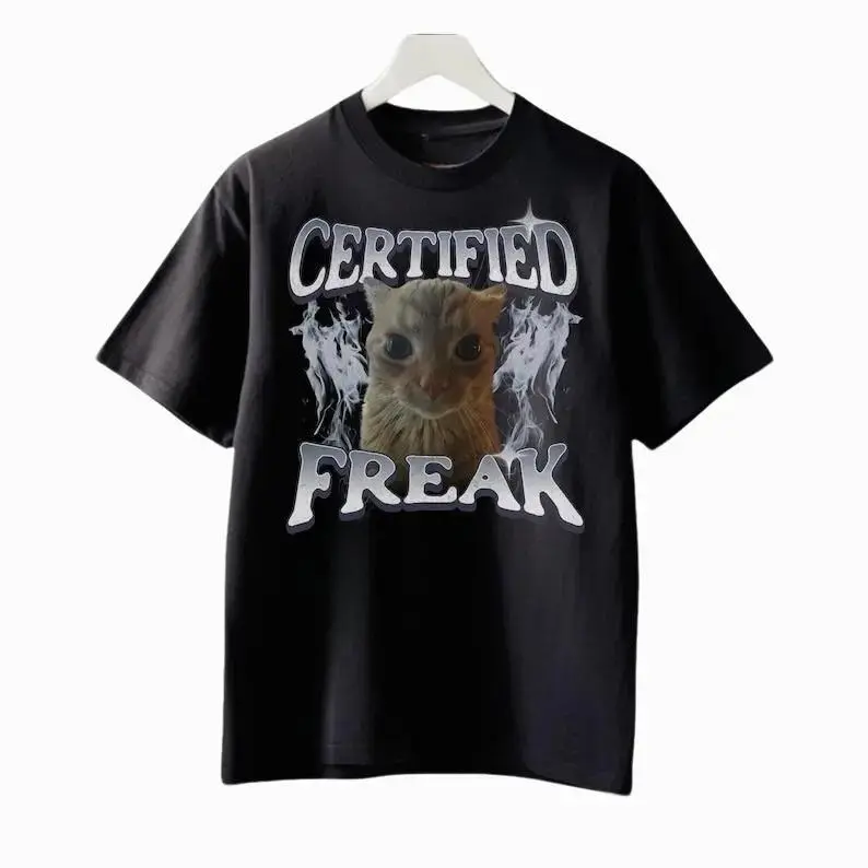 Certified Freak Funny Cat Meme Tshirt, Vintage Kitty Graphic Tee, Retro Cat Lover Shirt, Funny Pet Humor Gift, Unisex 90s Cat, Casual Top Womenswear