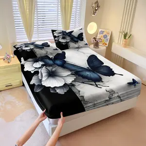 Gray and white floral print fitted sheet set,Includes 1 Fitted Sheet & 2 Pillowcases without Filler,Features a modern art pattern,Suitable for gifting or personal use,Ideal for home bedrooms and hotels.
