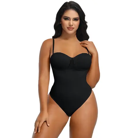 Curveshe Back Lace-up Thong Seamless Light Control Spaghetti Strap Basic Bodysuit