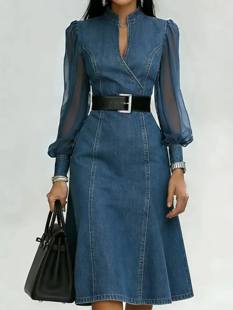 Women's Stand Collar Mesh Spliced Midi Denim Dress & V-neck Denim Dress With Mesh Puff Sleeves, Suitable For Spring Summer Autumn, Belt Included