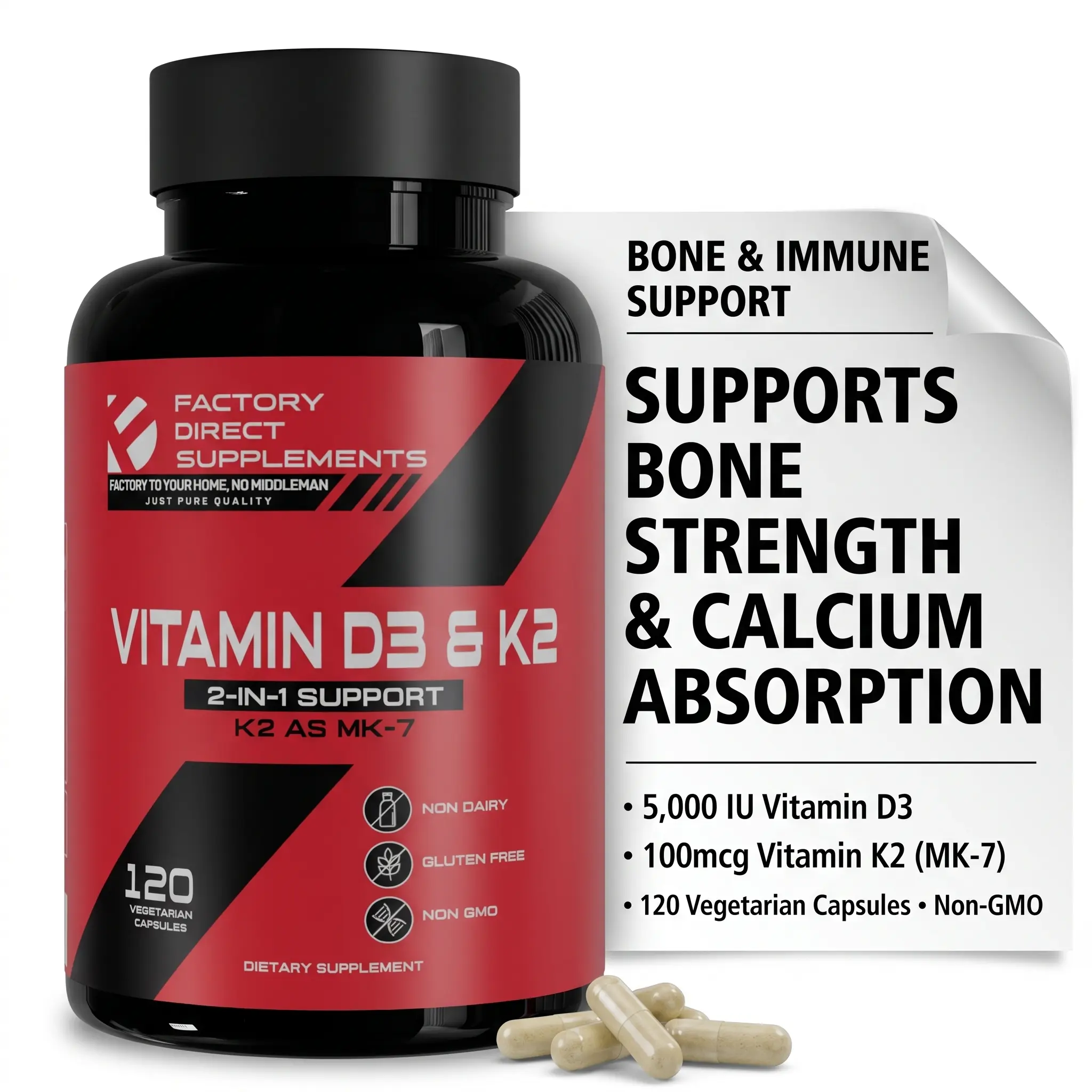 Factory Direct Supplements Vitamin D3 5000 IU with K2 MK-7 100mcg, 120 Veggie Capsules, Non-GMO