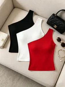 Women's One-Shoulder Ribbed Knit Short Top Set, Summer Sleeveless Asymmetrical Fitted Tank, Casual Daily Wear, Womenswear, Casual Summer Tops