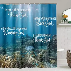 Blue Sea Blessing Word Insulated Home Decor Bathroom Supplies Curtain Set, Waterproof Floral Shower Curtain with Hooks, Non-Slip Bath Mat, Toilet U-Shaped Pad