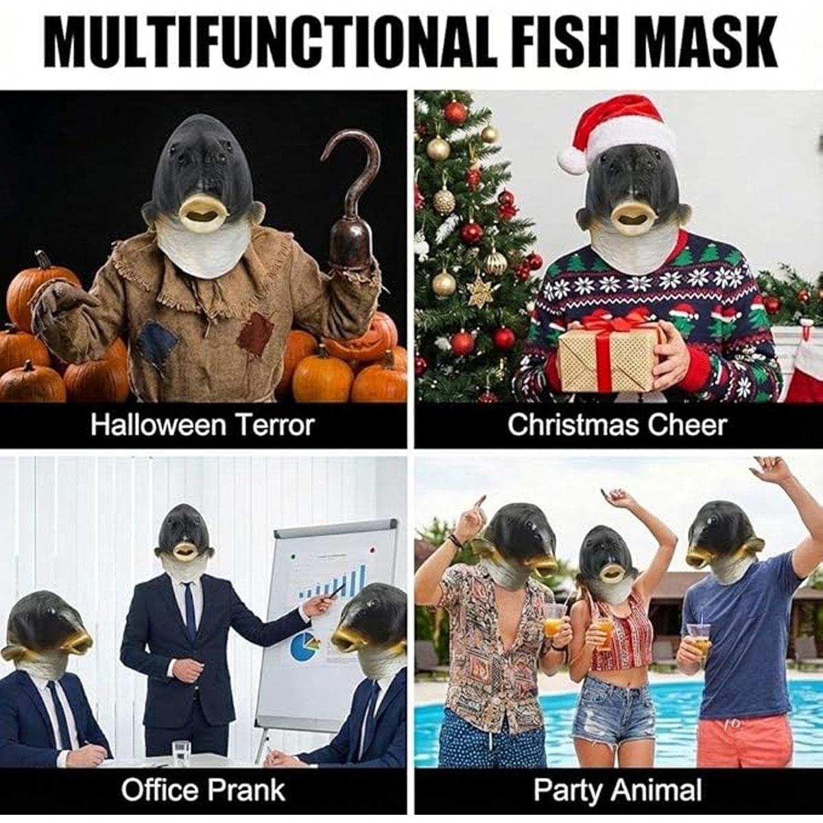 halloween accessory whimsical design mask,Realistic Animal Fish Mask - Halloween costume and fun full head latex mask cosplay helmet fish face costume party props