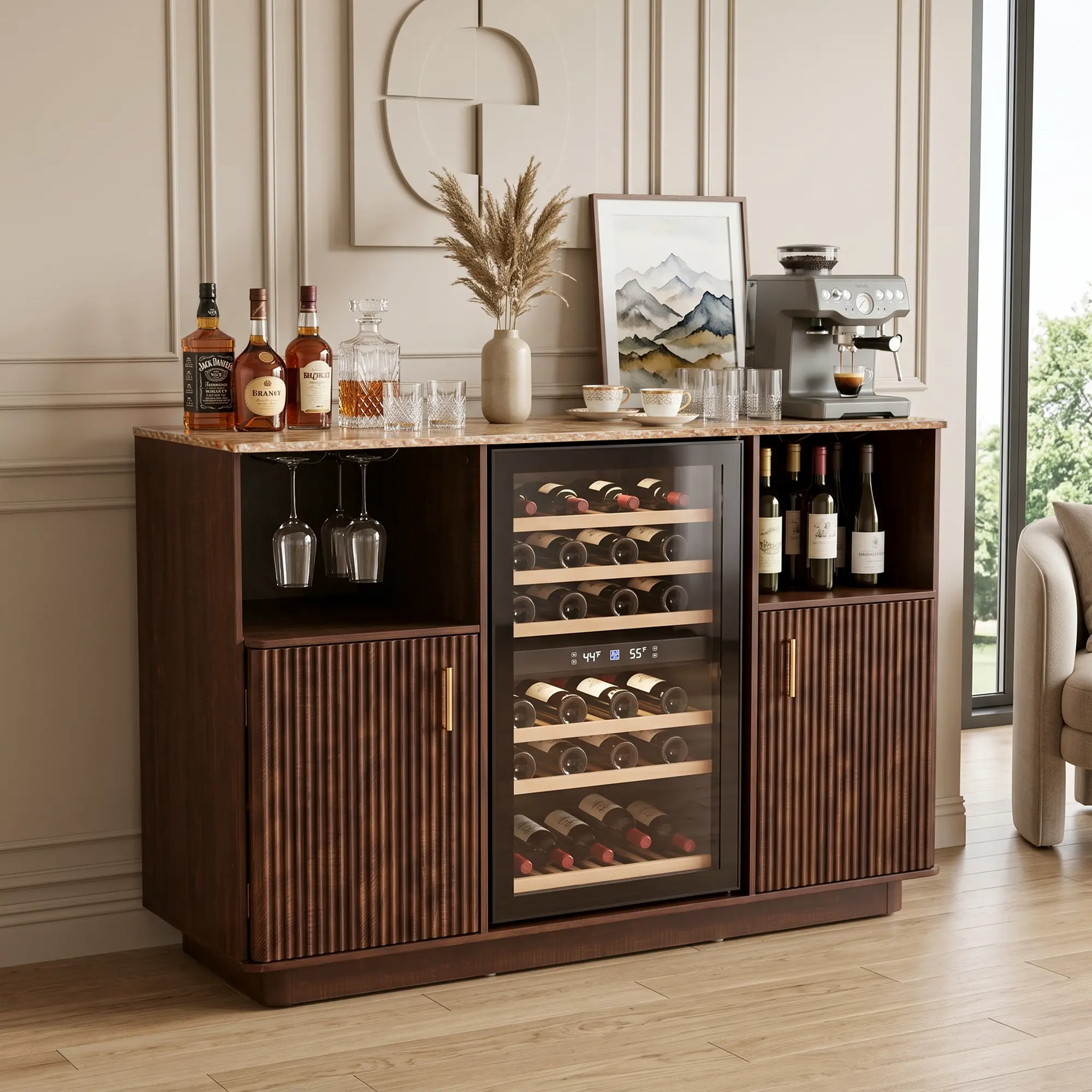FurSch 53.5" Fluted Coffee Bar Cabinet with Mini Fridge Space, Marble Top, Deep Walnut Finish, Stemware Rack, Adjustable Shelves & Beverage Storage for Living Room & Kitchen