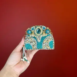 Teal Peacock Clutch - Exquisite Handcrafted Ottoman-Inspired Semi-Circular Clutch with Dense Embellishments & Traditional Turkish Artisanal Aesthetic