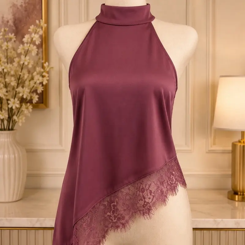Women’s Mauve Satin Halter Lace Top