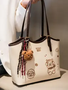 Women's Cute Cartoon Bear Pattern Tote Bag with Pendants, Fashionable Large Capacity Shoulder Bag for Work & Daily Used, Casual Trendy Versatile High-quality Daily Commuting Bag
