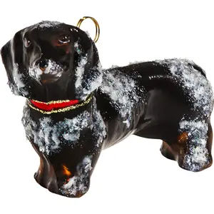 Joy to the World Snowy Black Dachshund Polish Glass Christmas Dog Ornament