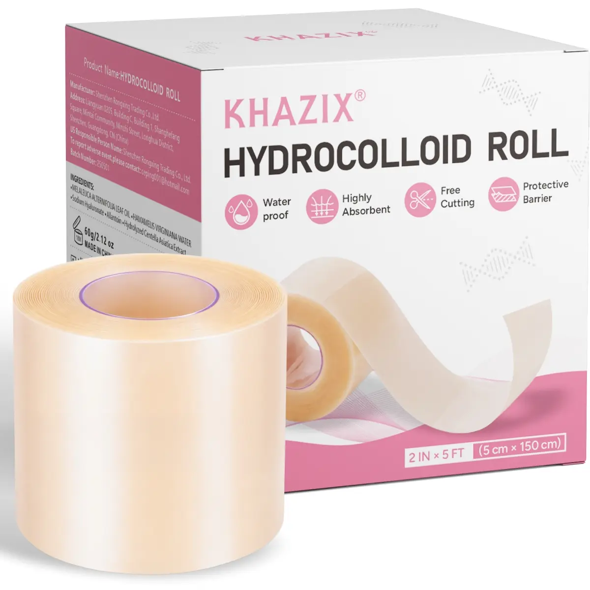 Hydrocolloid Roll for Wound Care, Hydrocolloid Patch Bandages with Self-Adhesive, Bed Sore Bandages, Highly Absorbent & Waterproof for Burn, Blister, Acne Care, First Aid Kit Essential, 2in × 5ft / 5cm × 150cm
