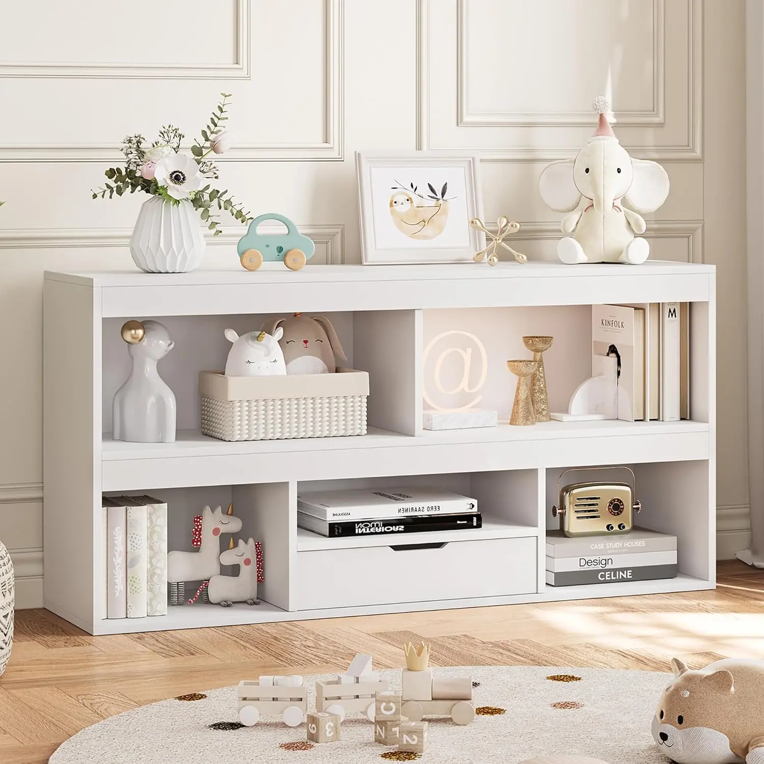 Bookshelf with Drawer Wooden Toy Storage Organizer Playhouse Shelves Cabinet Dollhouse Toy Bookcase Playroom, Classroom, Nursery