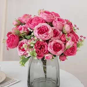 3pcs Artificial Flowers - 5 Persian roses, Restaurant decoration  Faux Hot Pink Artificial Flowers Peonies 30CM, Bouquet Arrangements Table Centerpieces for Wedding Office Party Home Decor tiktokshopspringglowup
