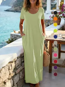 Plus Size Round Neck Short Sleeve Maxi Dress, Loose Flowy Hem, Curvy Friendly Long Dress