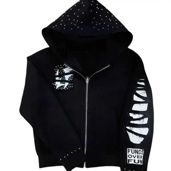 Men's Y2K Casual Long Sleeve Short Cropped Full-Zip Hooded Sweatshirt - Solid, Zip-and-go Hood, Text Patch, Sparkle Stud Accents, Fleece Soft Fabric, Streetwear Zipper Detail Men's Hoodies
