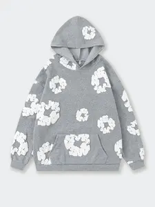 Fashion Unisex Fall Winter Streetwear Bubble Cotton Hoodie, American Trendy Brand, Loose-Fitting Floral Pattern, Casual Aesthetic, Perfect for Street Style
