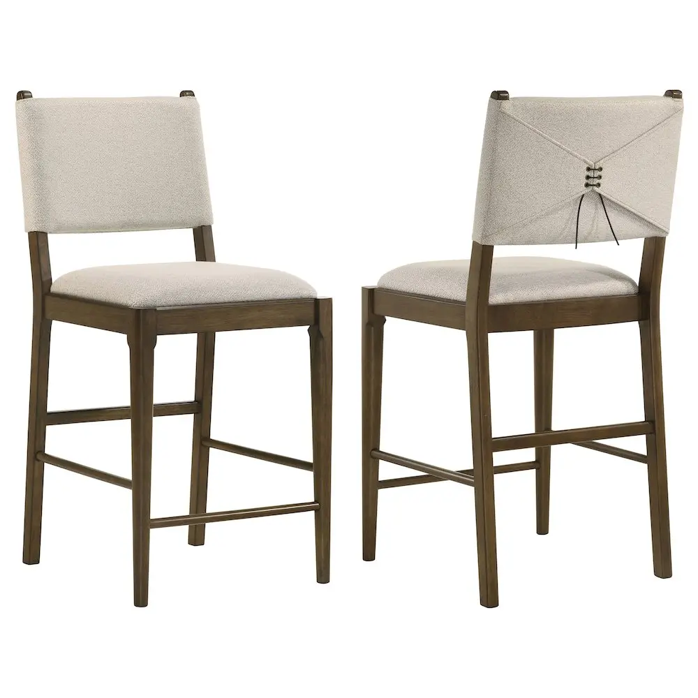 Casual Modern Durable Counter-Height Side Dining Chairs, Ottawa Upholstered Light Tan Fabric with Tie Accents & Foam Pads, Brown (Set of 2)