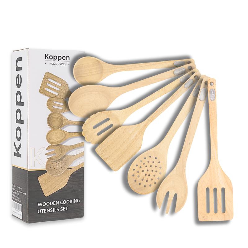 Koppen Premium Wooden Cooking Utensils Set - 5-Piece & 7-Piece Options Eco-Friendly Ergonomic Non-Toxic Durable Natural Rubberwood Pan-Safe Versatile Kitchen Tools - Cookware