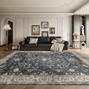 Vintage Area Rug for Living Room, Faux Cashmere Carpet with Non-Slip TPR Backing, Washable Soft Low Pile Persian Oriental Rug, Neutral Beige Distressed Indoor Rug for Bedroom Dining Room Entryway Home Decor
