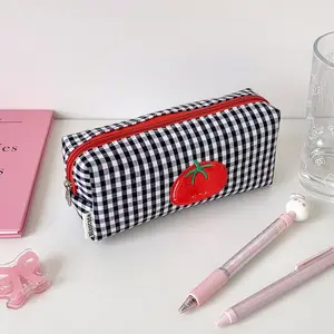 High-End Retro Plaid Tomato Print Large Capacity Pencil Case, Student Stationery Organizer, Fashionable Simple Convenient Pencil Bag
