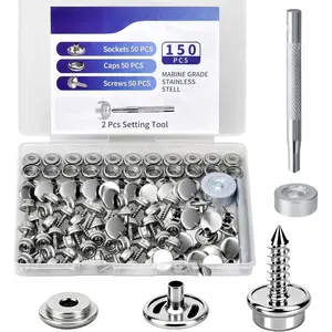 150 count Stainless Steel Canvas Snap Button Kit with 2 count Setting Tool for Boat Cover, Metal Marine Grade 3/8 Inch Socket Heavy Duty Screws Snaps Fasteners Kit for Fabric, Furniture, Leather