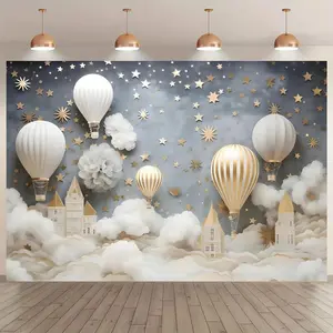 Hot Air Balloon & Cloud Pattern Wall Mural, 1 Count Romantic Wedding Party Decoration Banner, Photo Props Background Cloth for Indoor & Outdoor, Ornaments