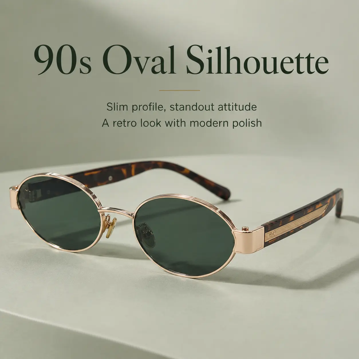 Retro 90s Oval Sunglasses for Women & Men, UV400 Protection, Slim Metal Frame, Green Tinted Lenses, Lightweight Fashion Eyewear for Travel and Daily Wear