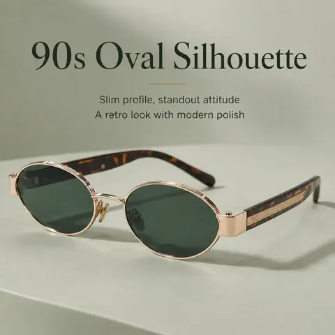 Unisex 90s Retro Oval Full Rim Sunglasses for Adults - UV400 Protection Lens, Slim Polished Tips Metal Frame, Green Tinted PC Lenses, Lightweight Acetic Acid Eyewear, Cool Toned Rimmed Streetsmart Sunglasses for Daily Wear, Uv-Protection Lens