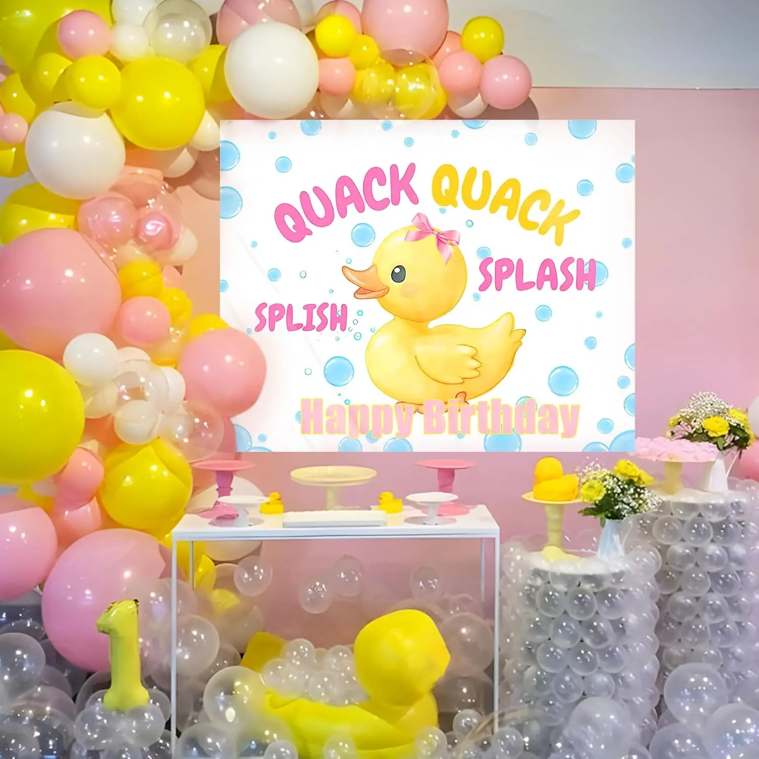 Rubber Duck Party Decoration,Quack Quack Splash Birthday Decorations Include Yellow Duck Backdrop Balloons for Birthday Party Baby Shower Decorations Fairy Gifts Kit Neon