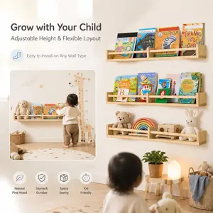 Nursery Bookshelves Wall Mounted Set of 3, 32" Solid Pine Wood Floating Shelves for Kids Room, No Paint Safe Book Shelf for Toddler Baby Bedroom Decor