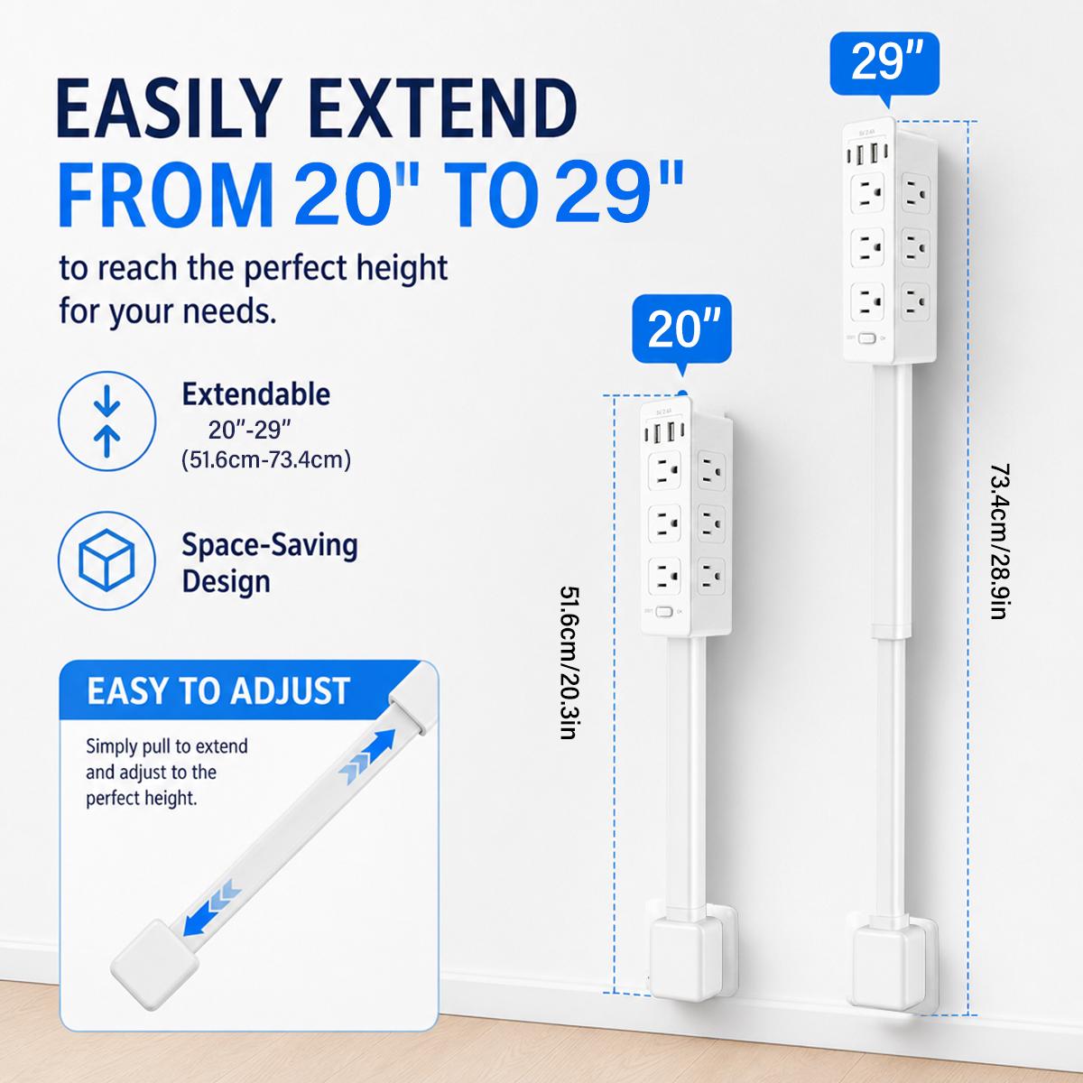 Rotating Wall Outlet Extender – 2 AC + USB-C/A Ports (34" Extension, Wall-Mountable & ETL Certified) | Space-Saving Power Solution for Home & Office,Portable ,easy to use