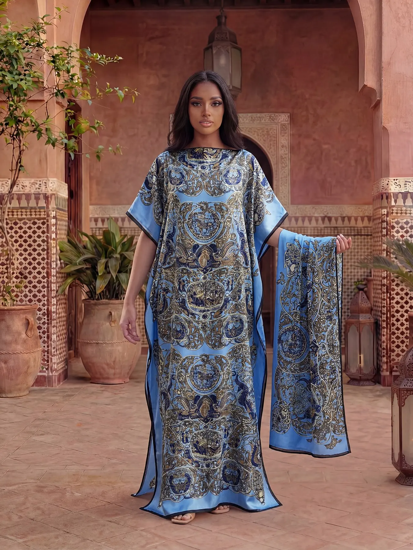 Elegant Baroque Print Batwing Robe Set, Moomoo Long Dress + Headscarf Scarf, Women's Beach Sun Protection Silk Shawl, Fashionable Summer, Beach Cover Up
