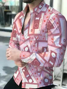 Men's Summer Long Sleeve Shirt Fashion Casual Pink Retro Cassette Print Button Shirt