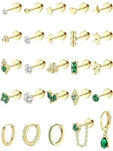 25Pcs Flat Back Earrings for Women Girls Steel Earrings Stud Hoop Earrings Set Snake Butterfly CZ Chain Dangle Emerald Green Earrings Gold Helix Piercing Jewellery Hypoallergenic