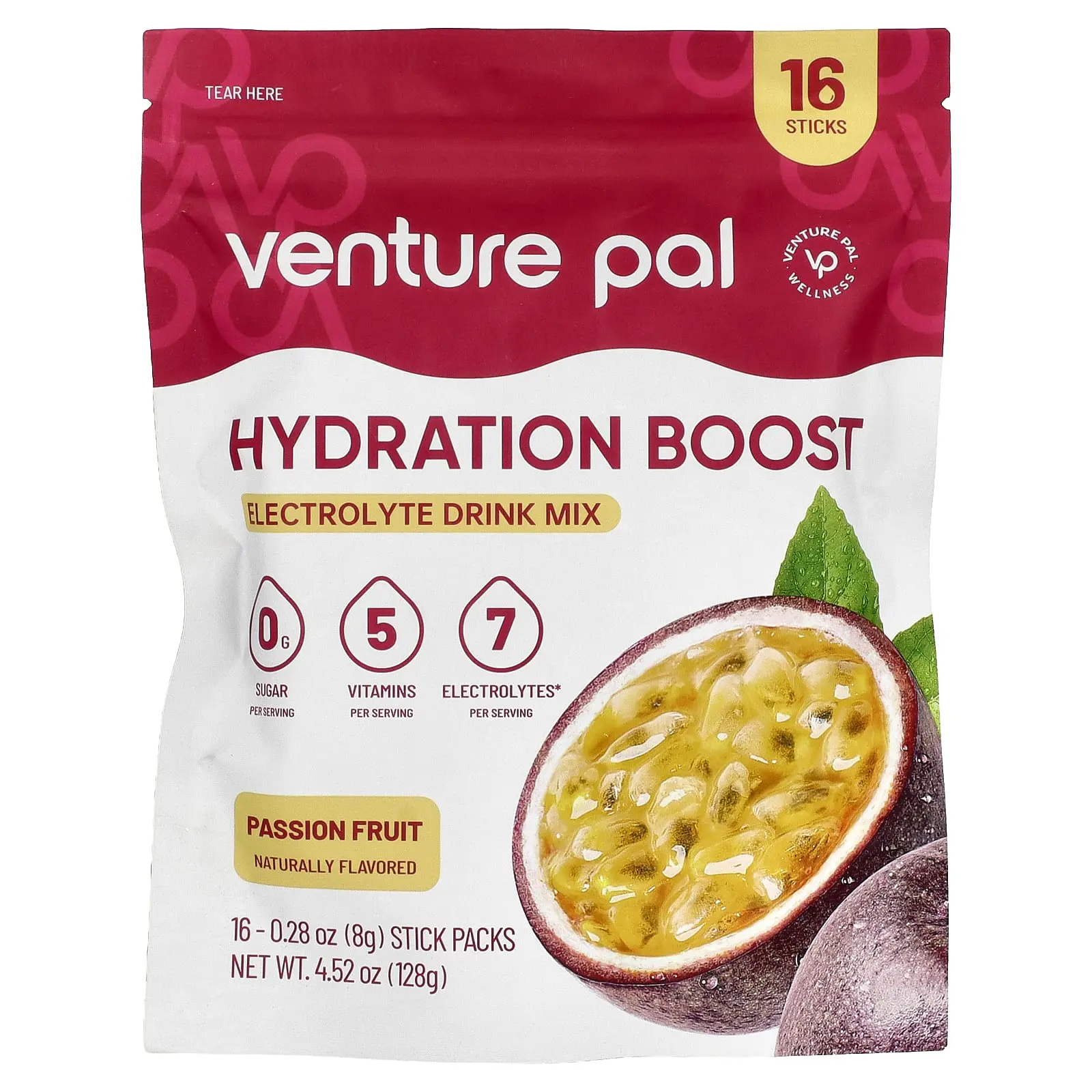 Venture Pal Hydration Boost, Electrolyte Drink Mix, Passion Fruit, 16 Stick Packs, 0.28 oz (8 g) Each