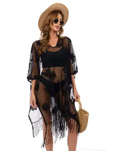 Ladies Lace Hollow Beach Cover Up, Sheer Cover Ups, Stylish Thin Woven Scarf with Fringes, Perfect for Spring Summer & Valentine's Day, Swimsuit Cover Up, Swimwear Coverups
