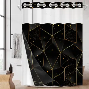 1pc hookless shower curtain with buckle lining, black and gold geometric starry sky design, 2D flat printing, waterproof fabric lining, see-through double-layer shower curtain, 71 x 74 inches, modern home draping curtain, Shower Curtain Liner