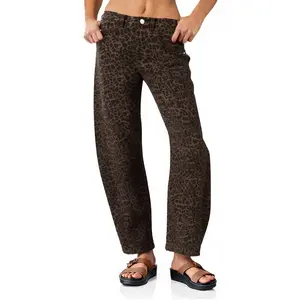 Women's Danedvi Vintage Mid-Rise Leopard Ultra Baggy Boyfriend Barrel Jeans - Lady's Wide-Leg Ankle Urban Long Jeans, Minimalist Polyester-Cotton Fabric, Zipper Closure, Pocket, Basic Streetwear Bottoms