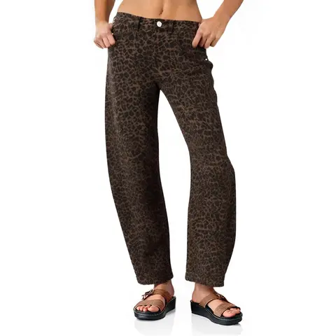 Women's Danedvi Mid-Waist Leopard BF Barrel Jeans - Polyester-Cotton Blend, Loose Wide-Leg Ankle-Clean Hem Midi Pants, Zipper Closure, Pocket, Plain Vintage Denim Casual Streetwear, All Seasons, Machine Washable Bottoms