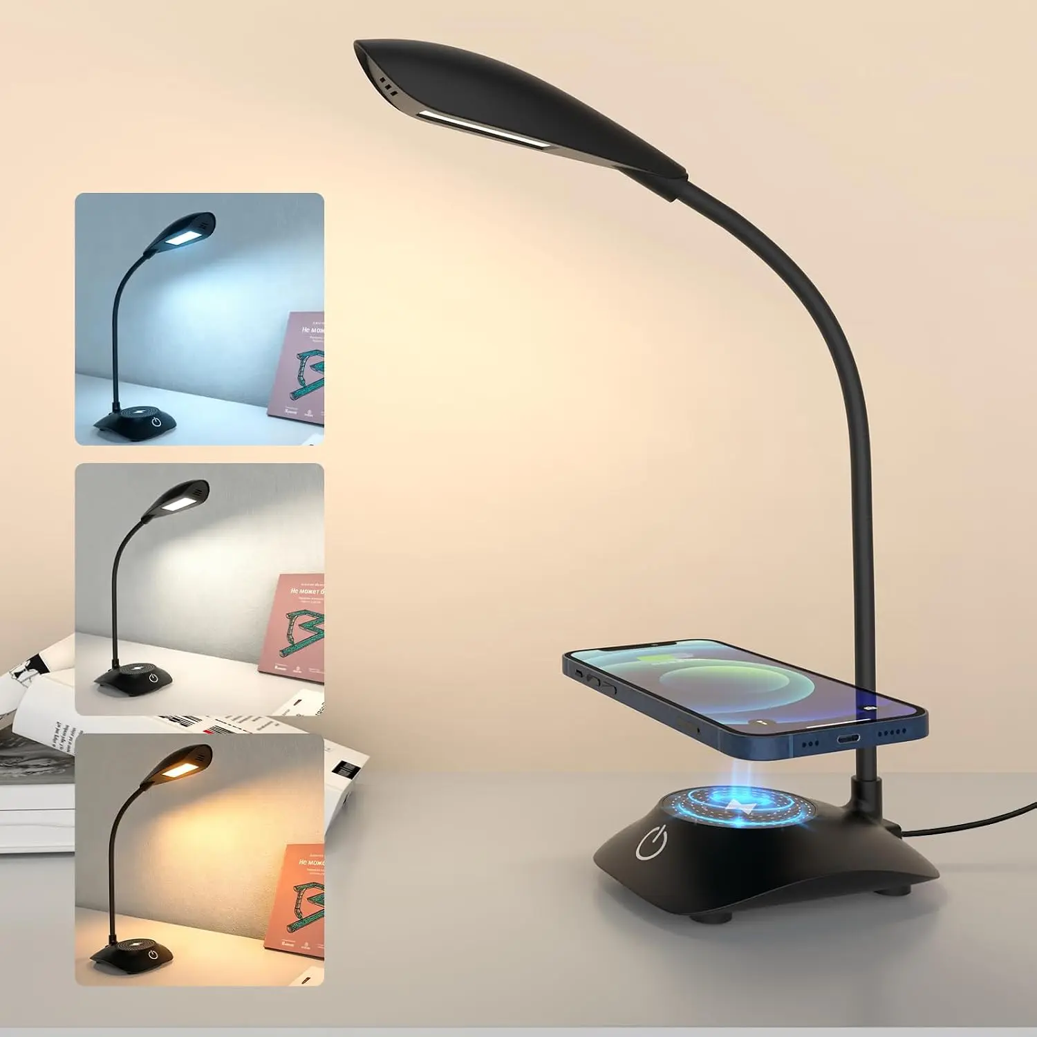 Zensun Desk Lamp for Home Office Compatible with MagSafe Wireless Fast Charging, Dimmable 3 Color Modes, 600LM, CRI 85, Adjustable Neck Study Lamps for College Dorm Room, Adapter Not Included