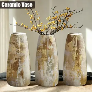 1pc Ceramic Vase Home Decor with Gold and White Background Featuring Brown and White Paint Patterns Elegant Hand-Painted Design for Living Room Study  Holiday Decoration Perfect Gift Beautiful Housewarming Accent Decorative Vase