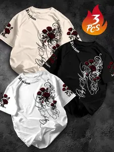 Men's Romantic Rose Print T-Shirt Set, Soft Breathable Fabric, Comfortable Fit, Round Neck, Loose Style, 3 Pieces, Casual Streetwear