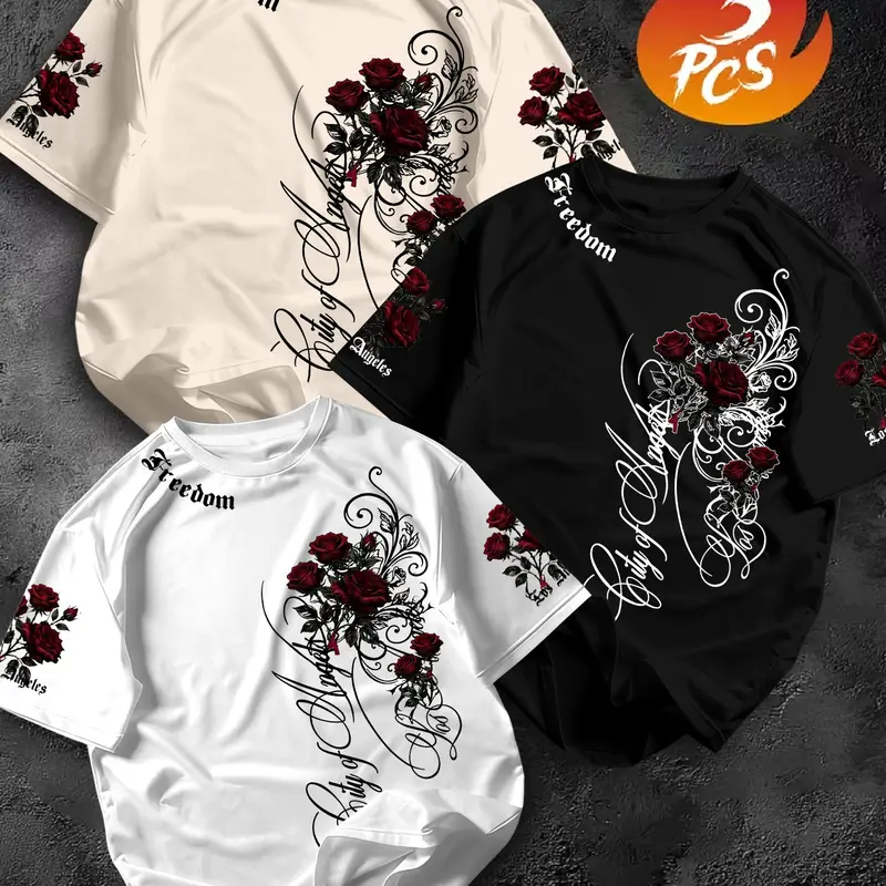 Men's Romantic Rose Floral Print T-Shirt Set, Soft Breathable Fabric, Comfortable Fit, Round Neck, Loose Style, 3 Pieces, Casual Streetwear
