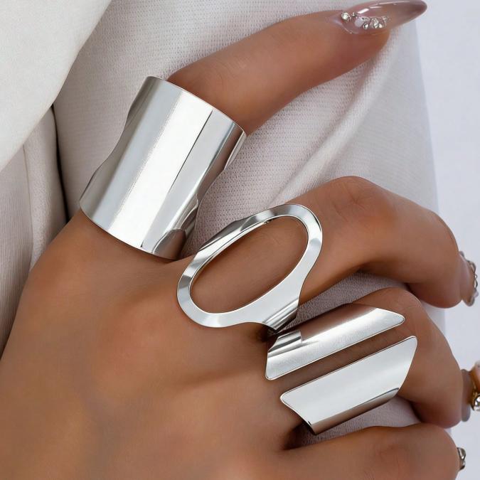 Geometric Open Ring Set for Women – Stackable Adjustable Punk Statement Rings, Minimalist Bold Jewelry Set