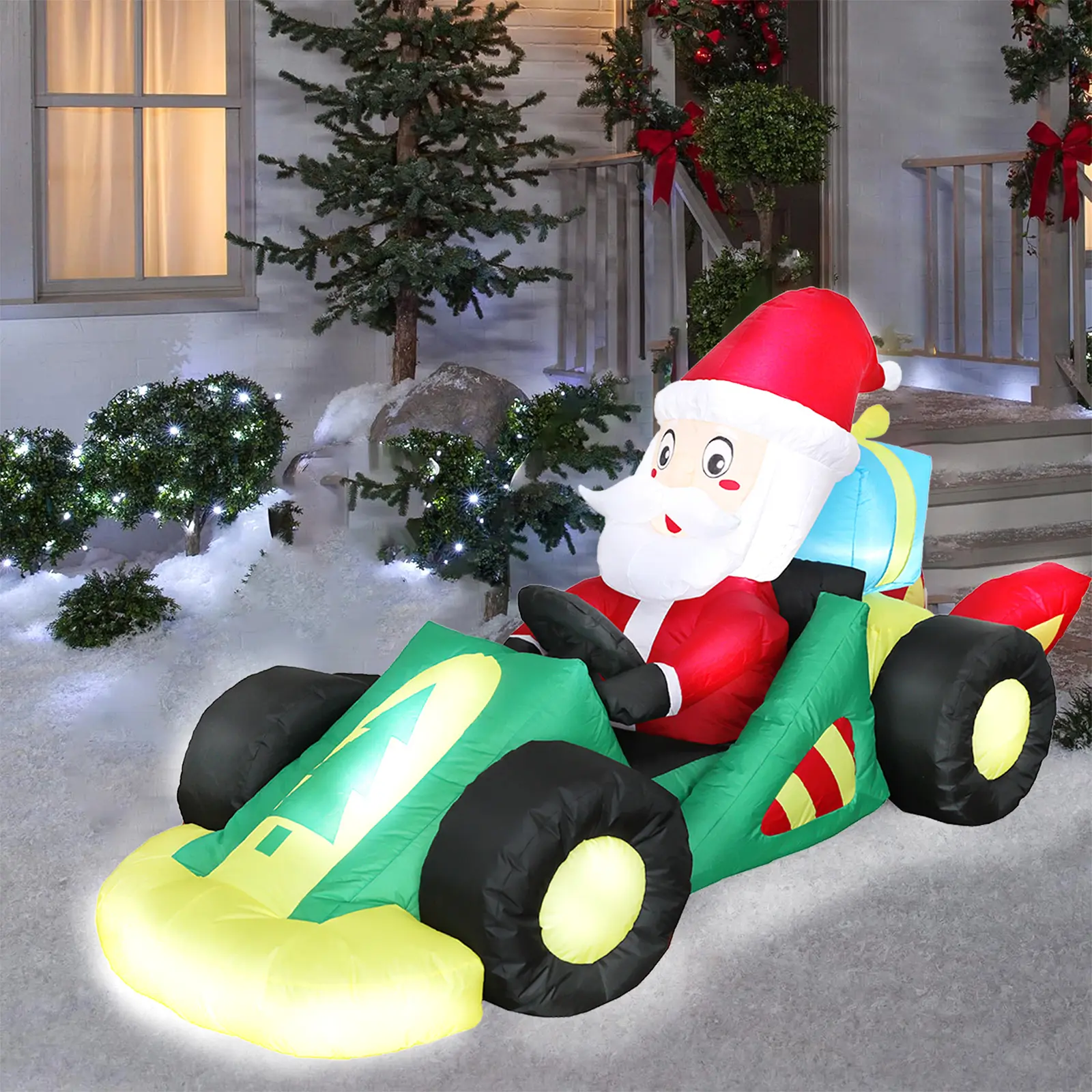 8FT Long Christmas Inflatables Outdoor Decoration with LED Lights, Inflatable Santa Claus Driving a Formula Car with Gift Box Xmas Blow Up Yard Decorations for Lawn Patio Holiday Party Decor