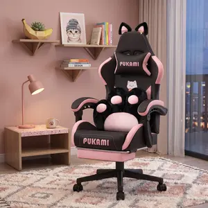 Cute Cat Ear Gaming Chair With Cat Paw Lumbar Support, Ergonomic Reclining PC Chair For Kids Girls Teens, Adjustable Swivel Gamer Chair With Footrest Headrest, Comfortable Video Game Chair For Study Gaming Room