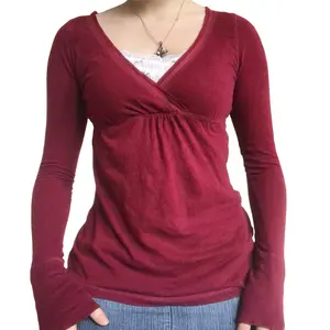 Women Wrap V-Neck Going Out Tops Solid Color Fairy Grunge Long Sleeve Top Y2K Shirts Streetwear