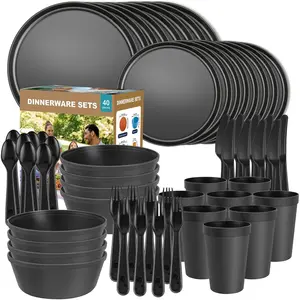 Plastic Dinnerware Sets - 40- Plates and Bowls Sets with Cups, , Forks and Spoons, Dishes Set for 8,  Unbreakable Kitchen Dishware for Apartment, Camping, Outdoor, Black
